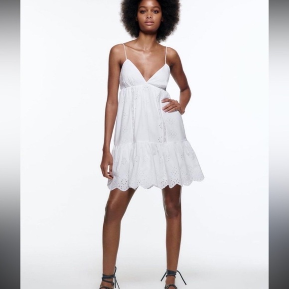 Zara White Eyelet Sundress size small tiered dress adjustable strap length - Picture 2 of 9